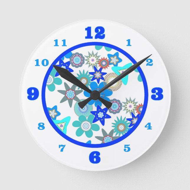 Funky Blue Blume Pattern Runde Wanduhr (Vorderseite)