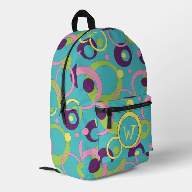Funky Blue Circles Bedruckter Rucksack (Rückseitige Ecke links)