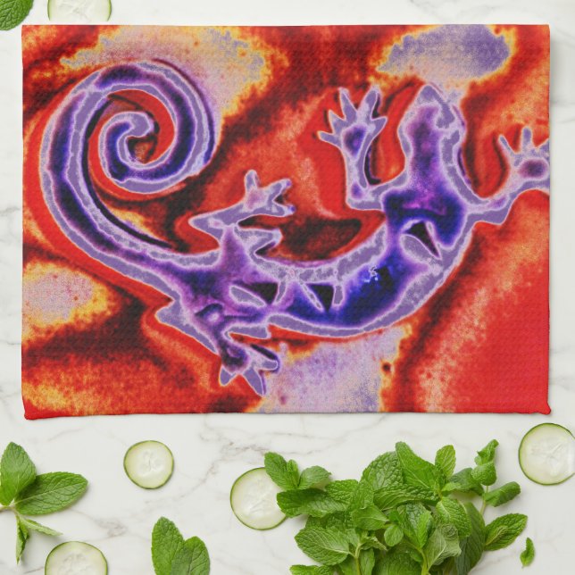 Funky Blue Lila Orange Lizard Gecko Southwestern Geschirrtuch (Gefaltet)