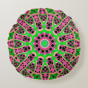 Funky Bohemisch Green Pink Mandala Round Pillow Rundes Kissen