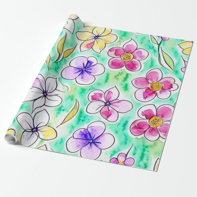 Funky Boho Art Nouveau Floral Watercolor Geschenkpapier (Ungerollt)