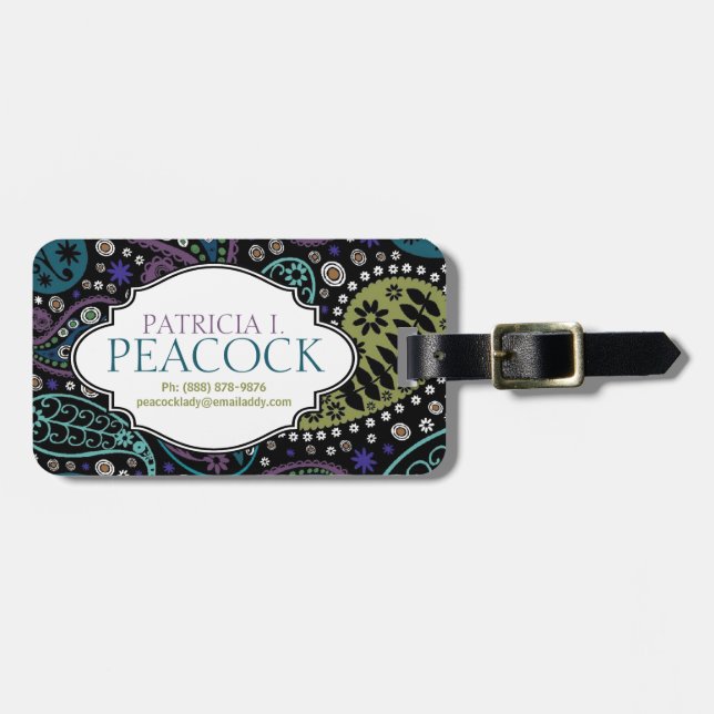 Funky Boho Hippie Peacock Paisley Personalisiert Gepäckanhänger (Vorderseite horizontal)