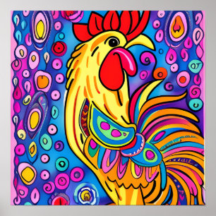 Funky Boho Rooster Farm Tierportrait Art Poster