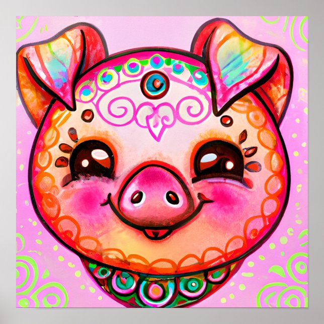 Funky Boho Schweinezucht Portrait Art Poster (Vorne)