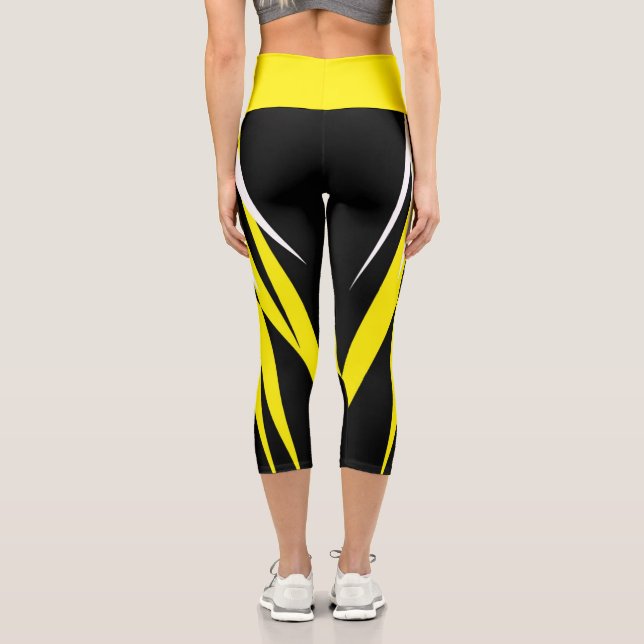 Funky Bold Abstrakt Art Black Yellow White Capri Leggings (Rückseite)