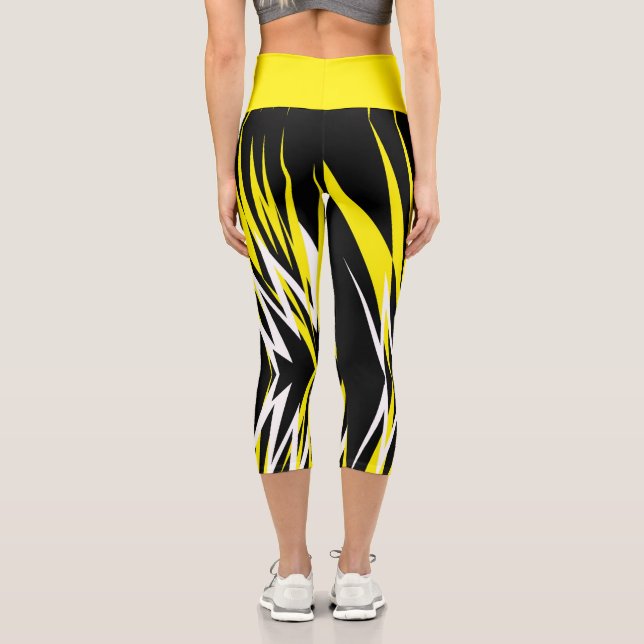 Funky Bold Abstrakt Art Black Yellow White Capri Leggings (Rückseite)
