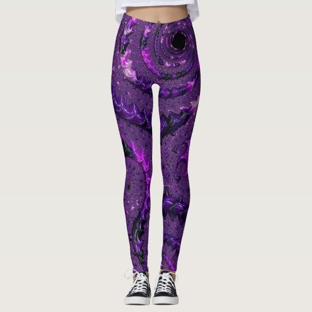 Funky Bold Boho Lila digitales Abstraktes Fraktal Leggings (Vorderseite)