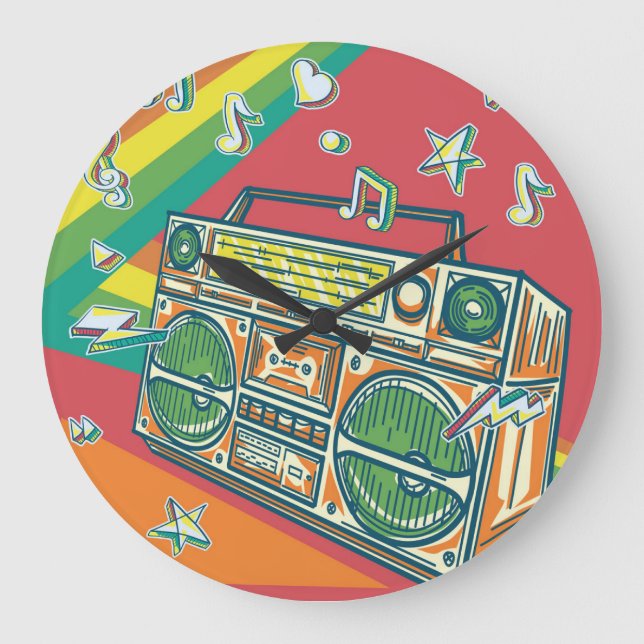Funky Boom Box Farbiges Design Große Wanduhr (Vorderseite)