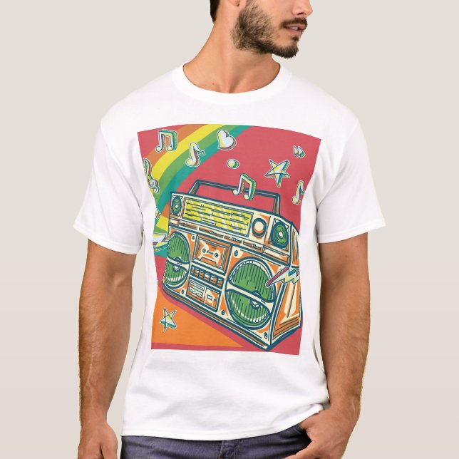 Funky Boom Box Farbiges Design T-Shirt (Vorderseite)