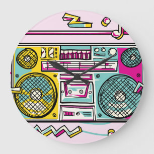 Funky Boombox Zeichne Design Große Wanduhr
