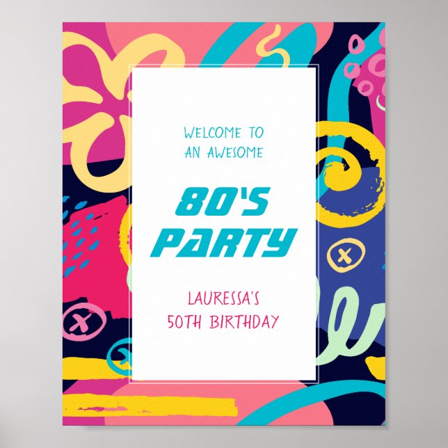 Funky Bright Doodles Retro Birthday Party der 1980 Poster (Vorne)