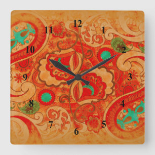 Funky Burnt Orange Red Turquoise Vintage Paisley Quadratische Wanduhr