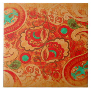 Funky Burnt Orange Rot Türkis Vintage Paisley Fliese