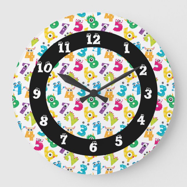 Funky Cartoon Monster Numbers Math School Pattern Große Wanduhr (Vorderseite)