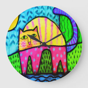 Funky Cat Abstract Painting Große Wanduhr