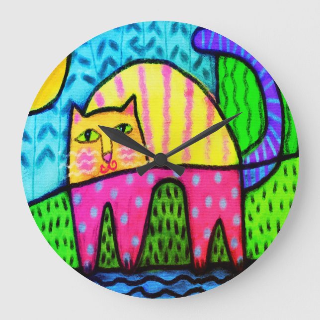Funky Cat Abstrakt Painting Große Wanduhr (Vorderseite)