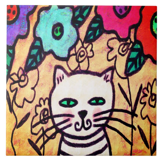 Funky Cat mit Blume Abstrakt Art Fliese (Vorderseite)