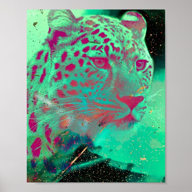 Funky Cheetah Psychedelic Mint Hot Pink Art Poster (Vorne)