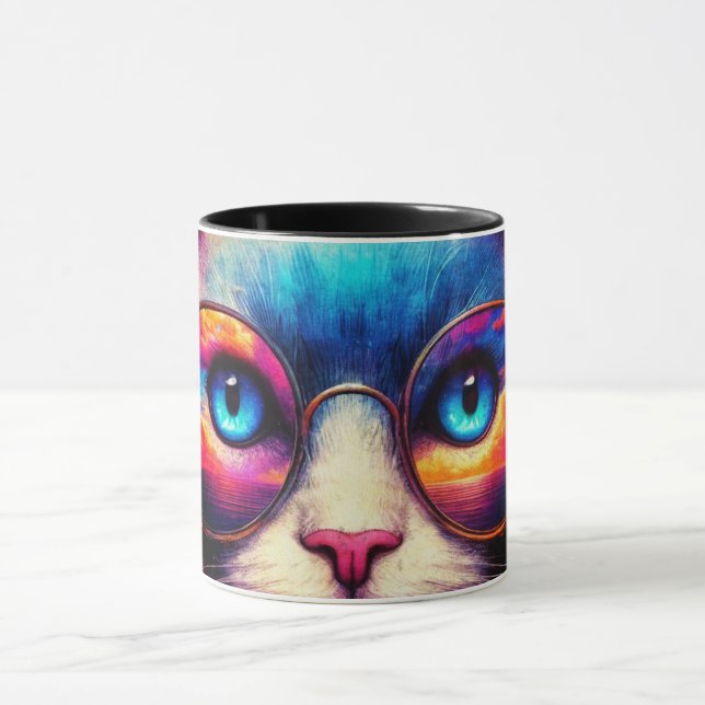 Funky Colorful Cat Illustration Mug Tasse (Zentrum)