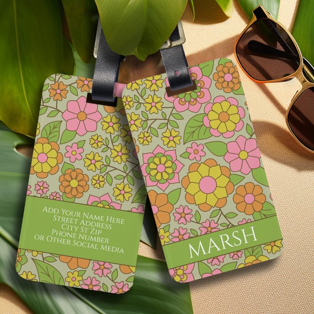 Funky Colorful Pastell Floral Pattern - Monogramm Gepäckanhänger (Personalized Luggage Tag - Retro flowers)