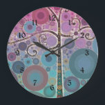Funky Colorful Scroll Trecles Bubbles Pop Art Große Wanduhr<br><div class="desc">Funky Colorful Scroll Tree Pop Kunst Neuheit Geschenke mit bunten konzentrischen Kreise und Blasen in Purpur und Aquafarbe. "lila und aqua scroll tree" "circle" "scroll tree" "colorful Pop art" "bubbles" "circles" "farben" "funky" "girly" "tree" "bubbly" "hübsch" "niedlich" "cool"</div>