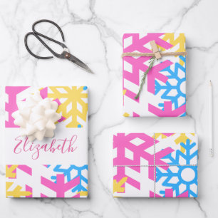 Funky Colorful Snowflake & Individuelle Name Winte Geschenkpapier Set