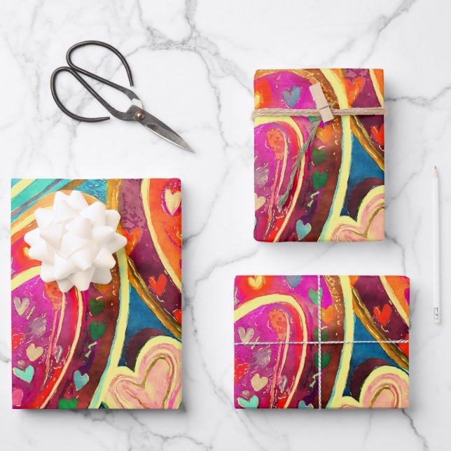 Funky Colors Heart Pattern Mix Geschenkpapier Set (Vorderseite)