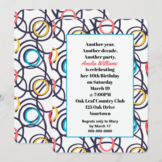 Funky Doodles 40. Geburtstags-Party Einladung (Vorne/Hinten)