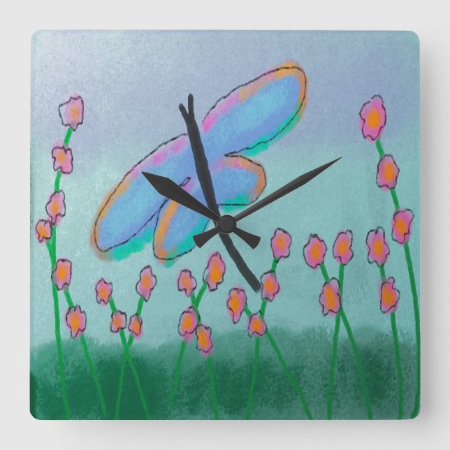 Funky Dragonfly Abstrakt Art Round Clock Quadratische Wanduhr (Vorderseite)