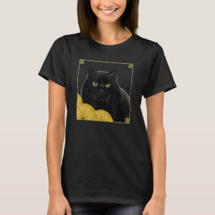 Funky East Asian Style Black Cat in Frame mit Gol T-Shirt