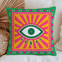 Funky Evil Eyes Retro Sunrays Green Maximalist Kissen