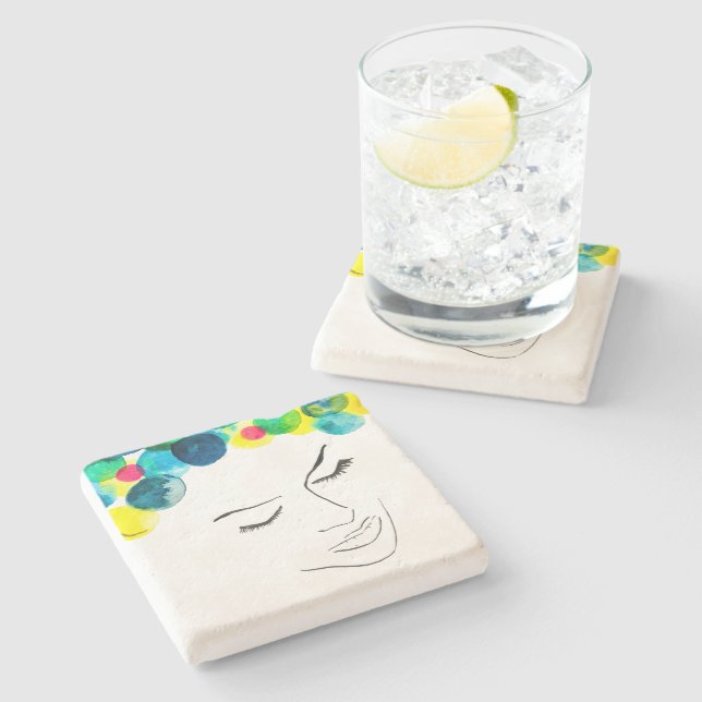 Funky farbiges Haarmädchen Aquarell Steinuntersetzer (Seitenansicht)