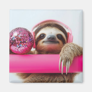 Funky Faultier mit rosa Kopfhörern und Disco-Kugel Magnet
