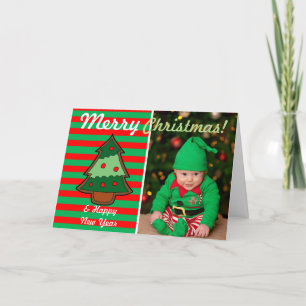 Funky Festive Tree and Elf Stripes Custom Foto Feiertagskarte