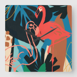 Funky Flamingo Quadratische Wanduhr