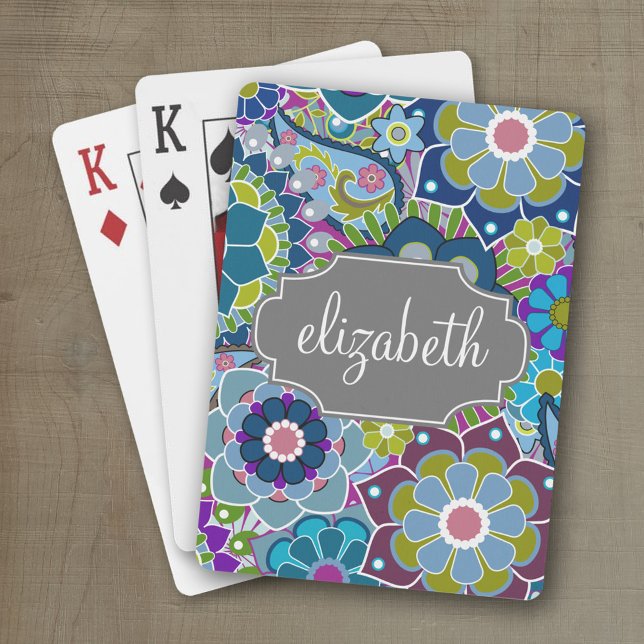 Funky Floral Muster mit Individuelle Name - grau Spielkarten (Personalized playing cards with an area for text such as a name or monogram)