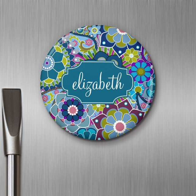 Funky Floral Muster mit Individuelle Name Magnet (Personalized Fridge Magnet - Add Custom Text)