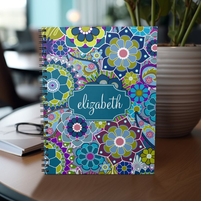Funky Floral Muster mit Individuelle Name Notizblock (Personalized notebook - add your name or other text)