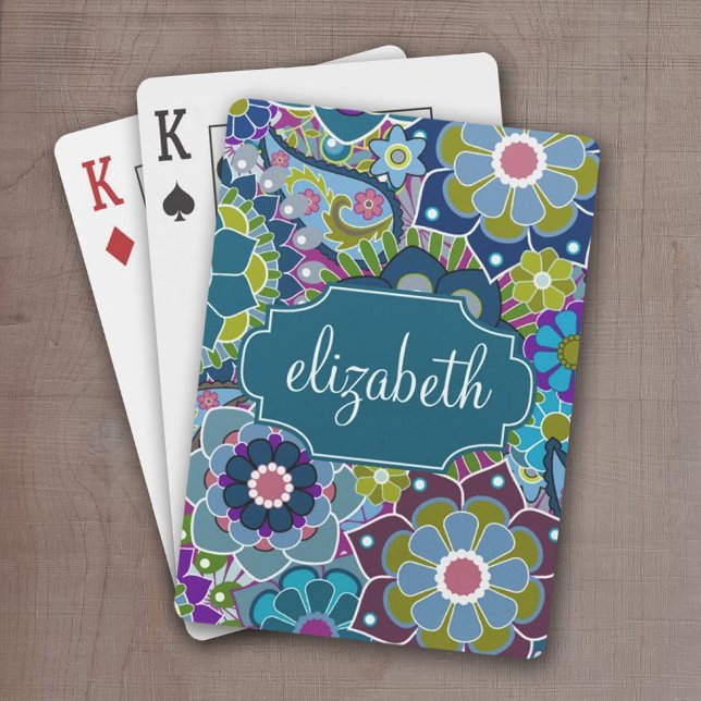 Funky Floral Muster mit Individuelle Name Spielkarten (Funky floral playing cards with a place to personalize with name)