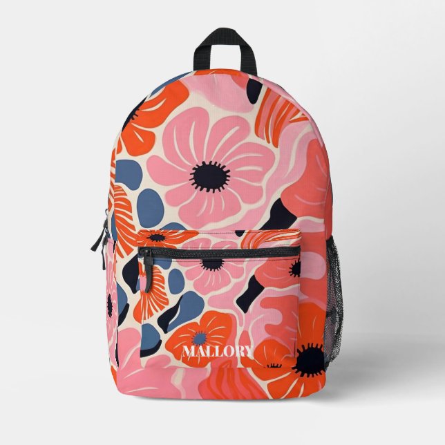 Funky Floral Pink und Orange Bedruckter Rucksack (Vorderseite)