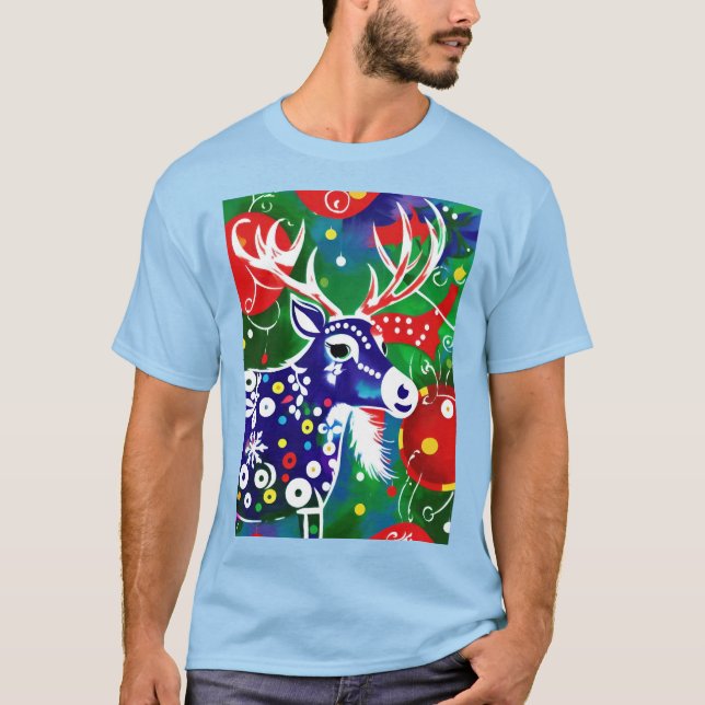 Funky Folk Art Christmas Reindeer T-Shirt (Vorderseite)