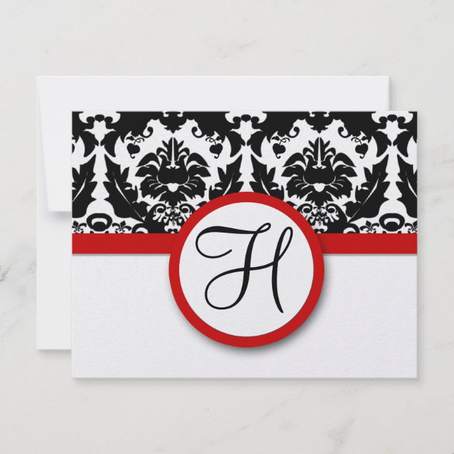 Funky & Fun Black Damask Red Trim Wedding RSVP Karte (Vorderseite)