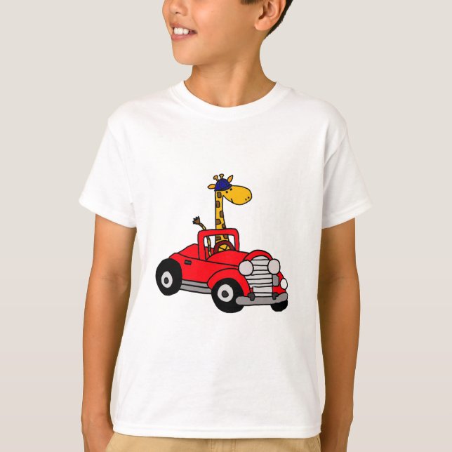 Funky Giraffe Driving Red Convertible T-Shirt (Vorderseite)