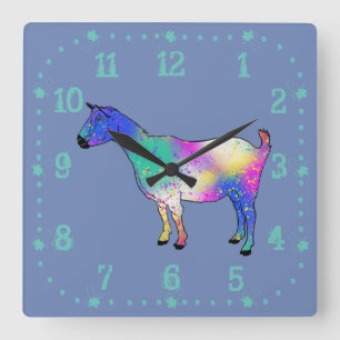 Funky Goat Colorful Splatter Paint Quadratische Wanduhr
