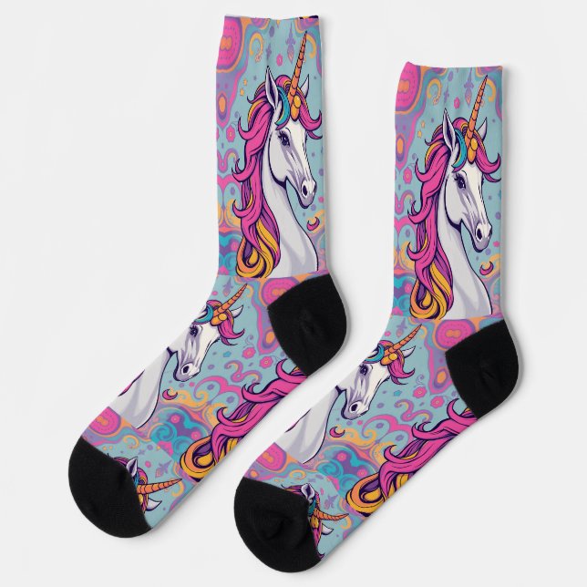 Funky groovy girlie pink-baby blue Unicorn Socken (Linkes Detail)