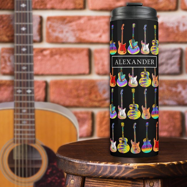 Funky Guitar Pattern Name hinzufügen Thermosbecher (Funky guitar pattern personalized name colorful psychedelic guitars on black)