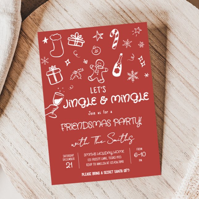 Funky Hand Drawn Jingle und Mingle Christmas Party Einladung (Jingle and Mingle Hand Drawn Christmas Party Invitation)