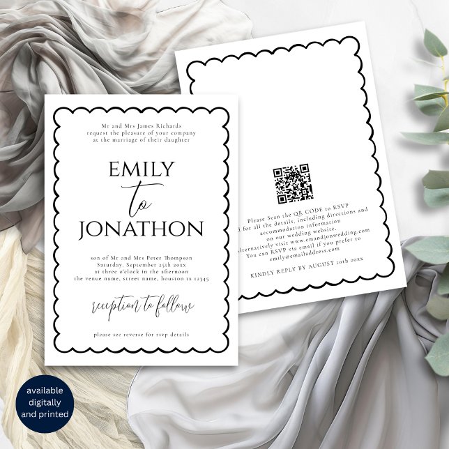 Funky Hand Drawn Wavy Line Border Wedding Einladung (Front and back view)