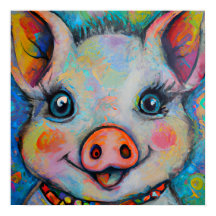 Funky Happy Piglet Farm Animal Portrait Art