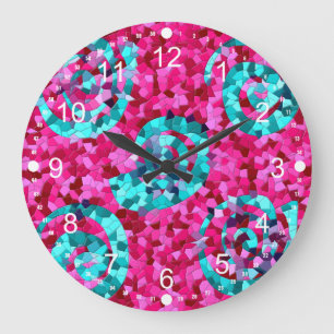 Funky Hot Pink Aquamarin Blue Mosaik Wirbel Girly  Große Wanduhr